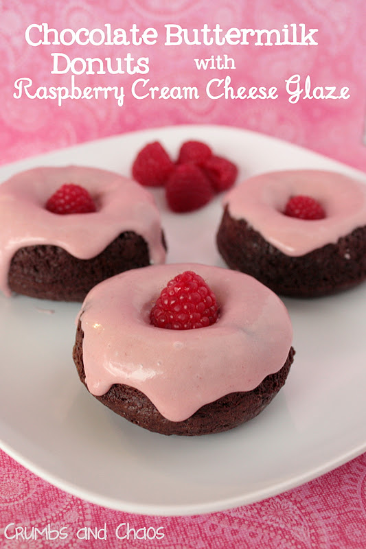 Chocolate Buttermilk Donuts with Raspberry Cream Cheese Glaze | Crumbs and Chaos