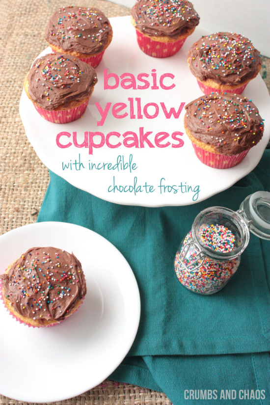 Basic Yellow Cupcakes | Crumbs and Chaos #cupcakes #dessert #chocolatefrosting  www.crumbsandchaos.dreamhosters.com