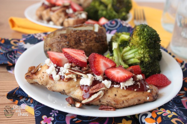 Red Rooster aka Strawberry Glazed Grilled Chicken with Feta & Pecans | Crumbs and Chaos An easy and delicious way to dress up grilled chicken, this dish was inspired by an entree from a local restaurant. #chicken #strawberries #maindish #grilling www.crumbsandchaos.dreamhosters.com