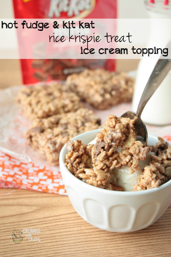 Hot Fudge Kit Kat Rice Krispie Treat Ice Cream Topping | Crumbs and Chaos A sweet new topping for that scoop of ice cream. Crunchy, gooey goodness includes #hotfudge and #kitkat candy bars. www.crumbsandchaos.dreamhosters.com