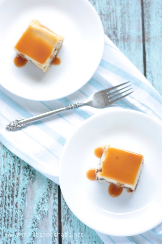 Caramel Overload Cheesecake Bars - recipe on www.crumbsandchaos.dreamhosters.com