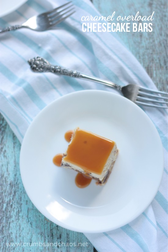 Caramel Overload Cheesecake Bars - recipe on www.crumbsandchaos.dreamhosters.com