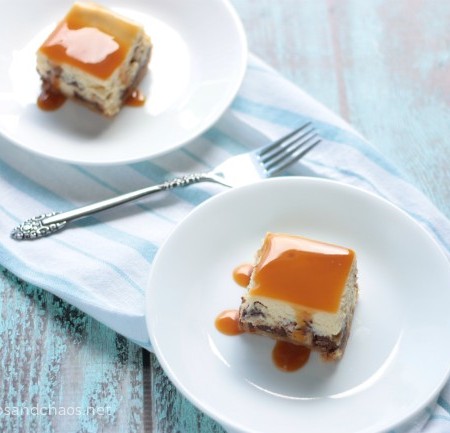 Caramel Overload Cheesecake Bars - recipe on www.crumbsandchaos.dreamhosters.com