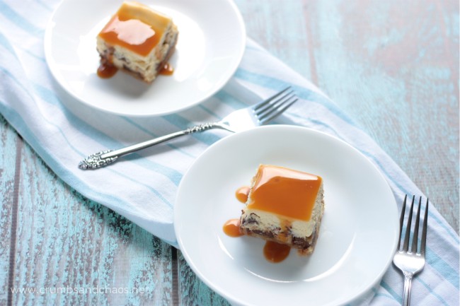 Caramel Overload Cheesecake Bars - recipe on www.crumbsandchaos.dreamhosters.com