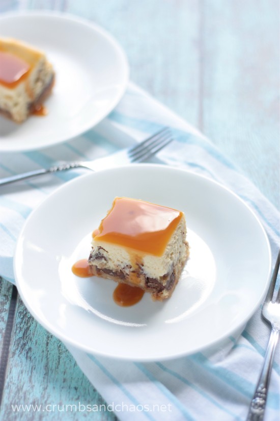 Caramel Overload Cheesecake Bars - recipe on www.crumbsandchaos.dreamhosters.com