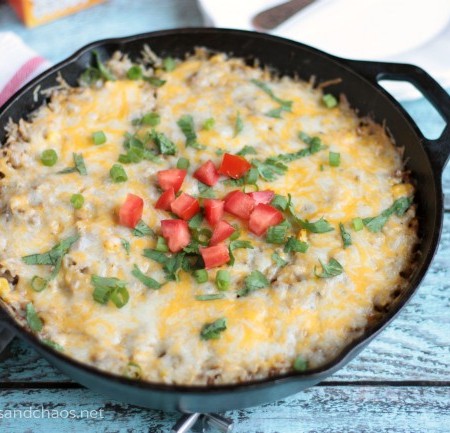 Cheesy Mexican Rice Skillet | recipe on www.crumbsandchaos.dreamhosters.com