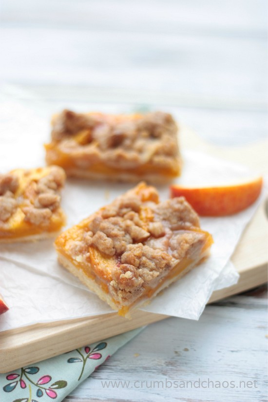 Cinnamon Streusel Peach Pie Bars | recipe on www.crumbsandchaos.dreamhosters.com