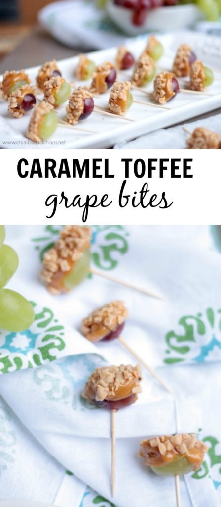 This simple snack is perfect for a party or gathering!  Caramel Toffee Grape Bites are a delicious sweet treat any time of year!