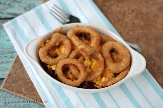 BBQ Beef Onion Ring Casserole | Crumbs and Chaos