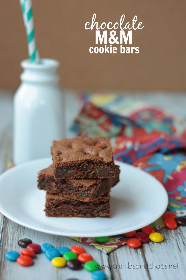 Chocolate M&M Cookie Bars | Crumbs and Chaos