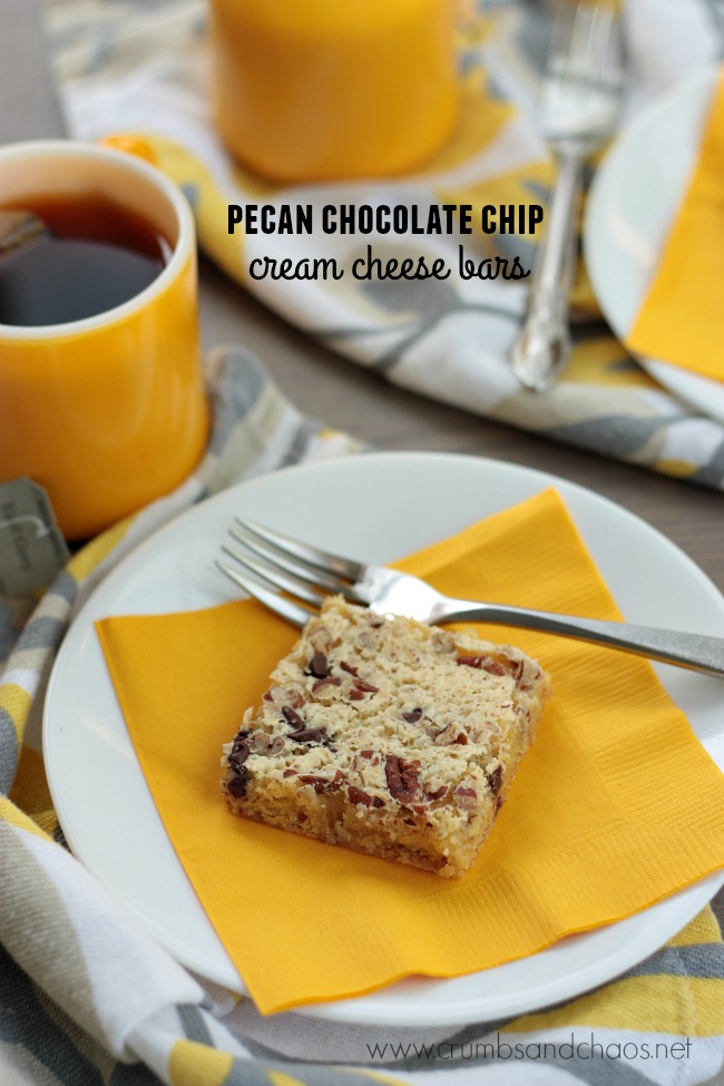 Pecan Chocolate Chip Cream Cheese Bars | Crumbs and Chaos