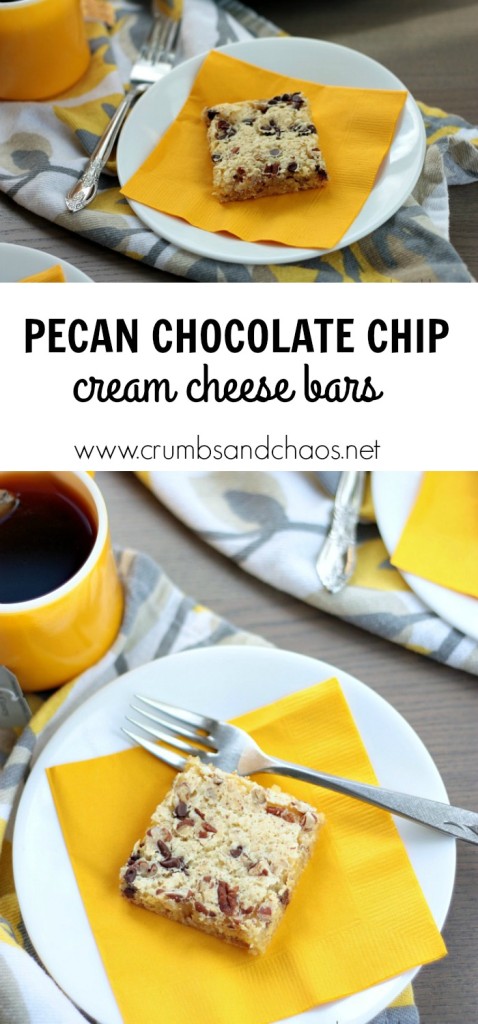 This simple dessert starts with a cake mix! You'll love Pecan Chocolate Chip Cream Cheese Bars!