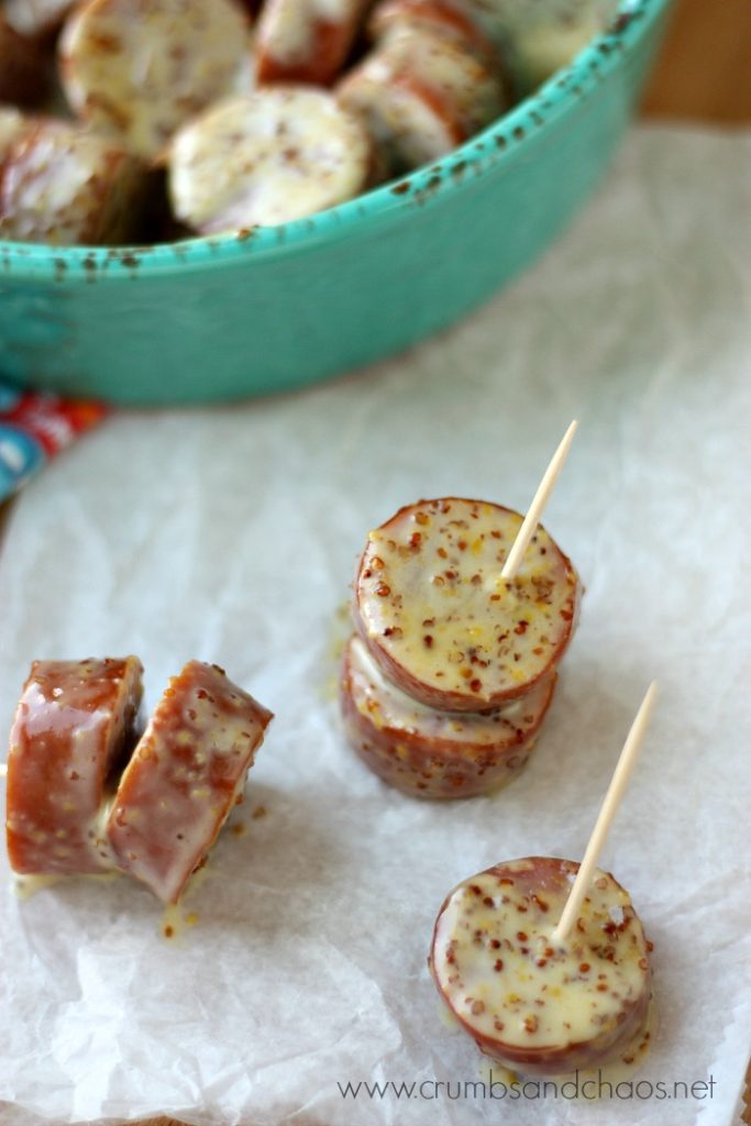 4 ingredient appetizer for the win, Maple Mustard Sausage Bites are easy to make and they'll be a crowd favorite!