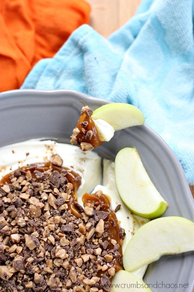 You only need 4 ingredients to make this fabulous Caramel Apple Toffee Dip!  It'll be everyone's favorite at your next party!