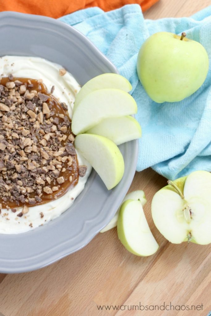 You only need 4 ingredients to make this fabulous Caramel Apple Toffee Dip!  It'll be everyone's favorite at your next party!