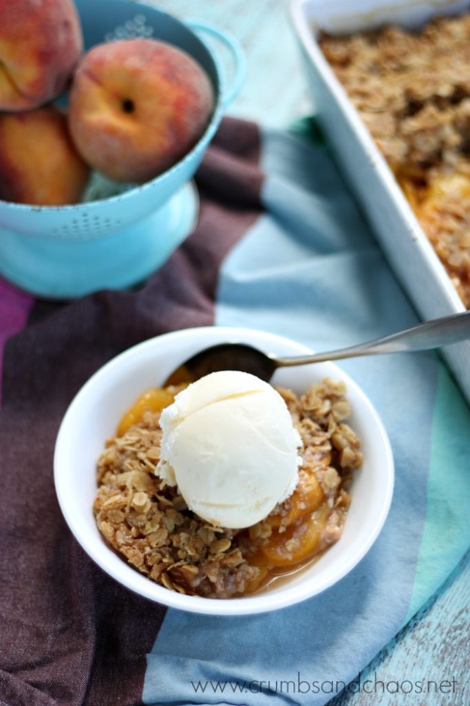 Summer in a sweet dessert! Peach Crisp is a delicious way to enjoy fresh peaches!