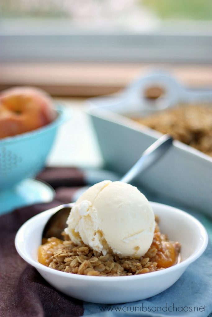 Summer in a sweet dessert! Peach Crisp is a delicious way to enjoy fresh peaches!