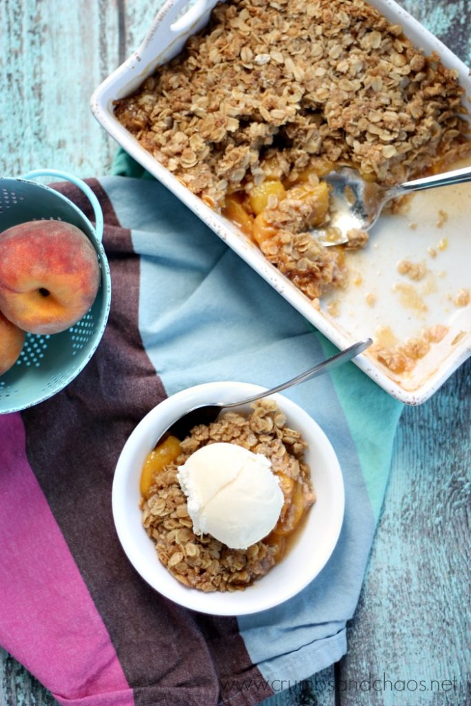 Summer in a sweet dessert! Peach Crisp is a delicious way to enjoy fresh peaches!